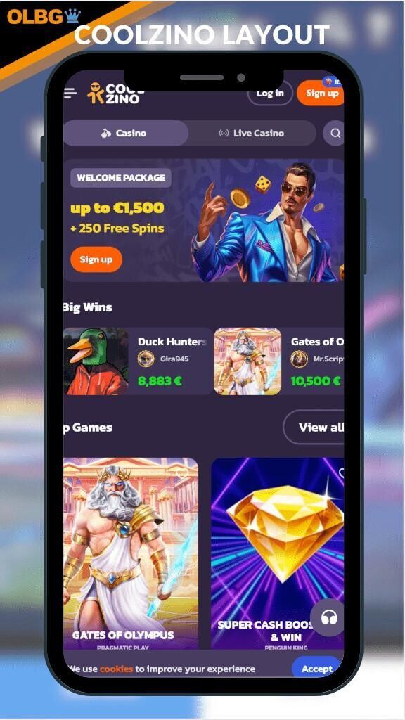 A mobile screenshot of the general layout at Coolzino Casino