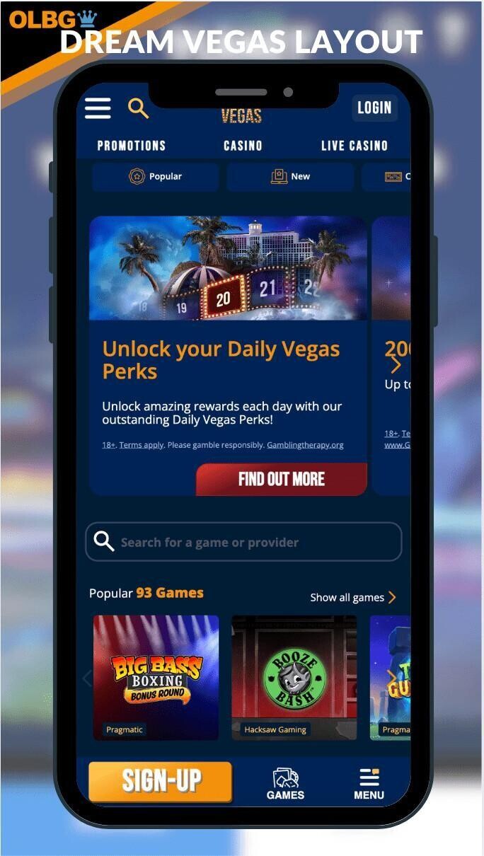 A mobile screenshot of the general layout at Dream Vegas Casino