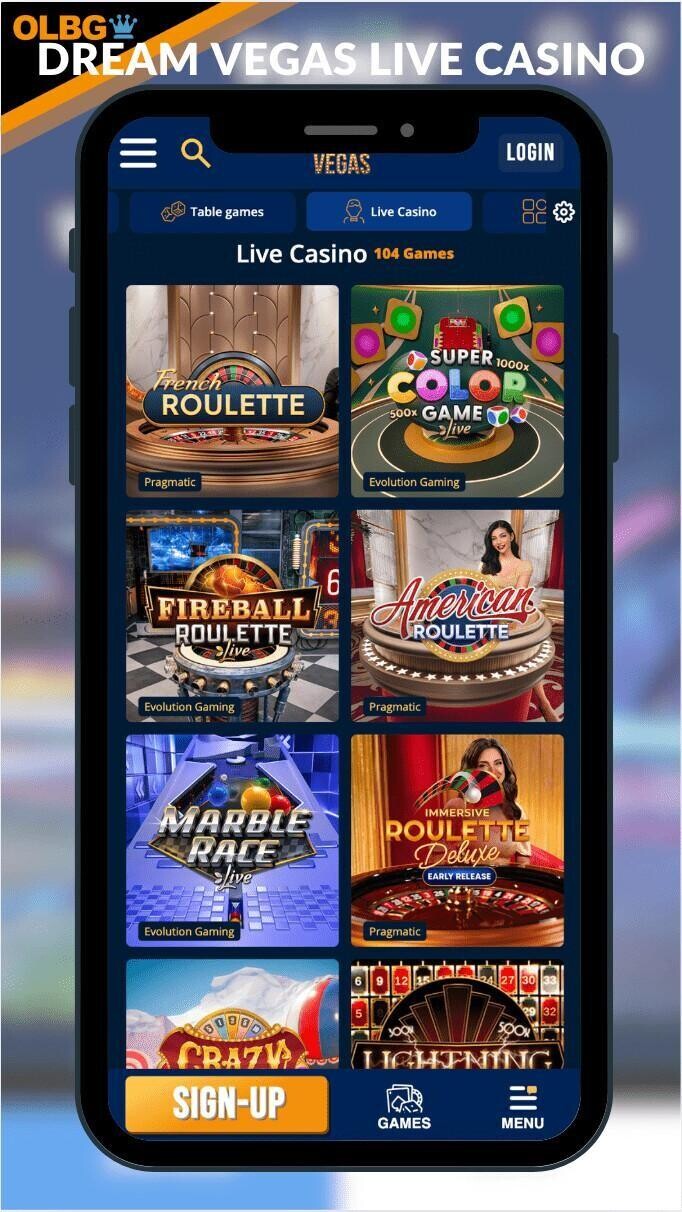A mobile screenshot of the live casino games at Dream Vegas Casino