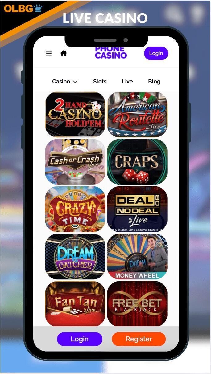 A mobile screenshot of The Phone Casino's live casino section