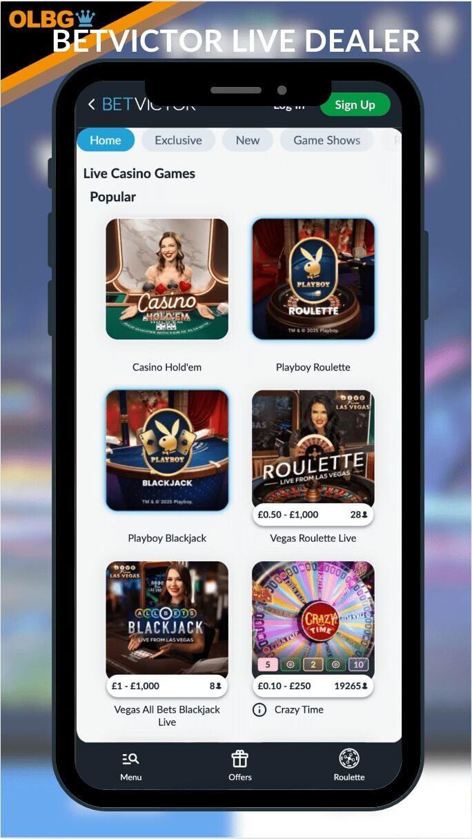 A mobile screenshot of the live casino section at BetVictor Casino