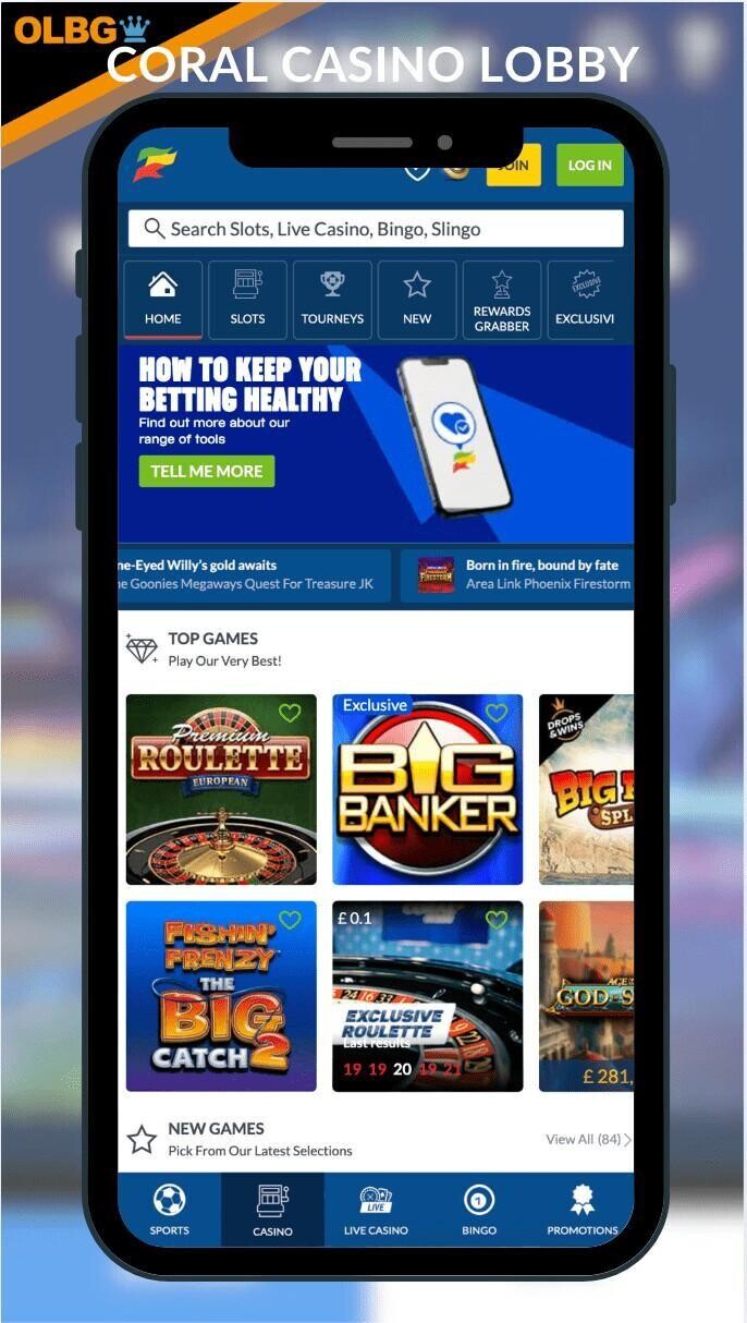 A mobile screenshot of the main lobby at Coral Casino