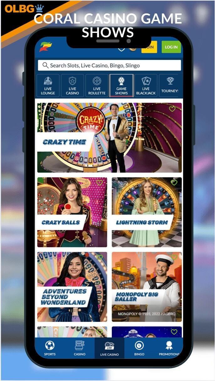 A mobile screenshot of the main game show lobby at Coral Casino