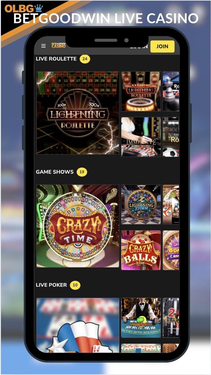 A screenshot of the live casino section at BetGoodwin Casino