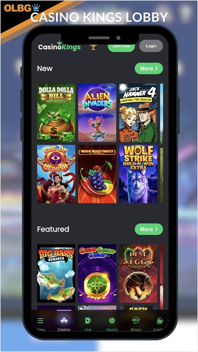 A screenshot of the main lobby at Casino Kings Casino