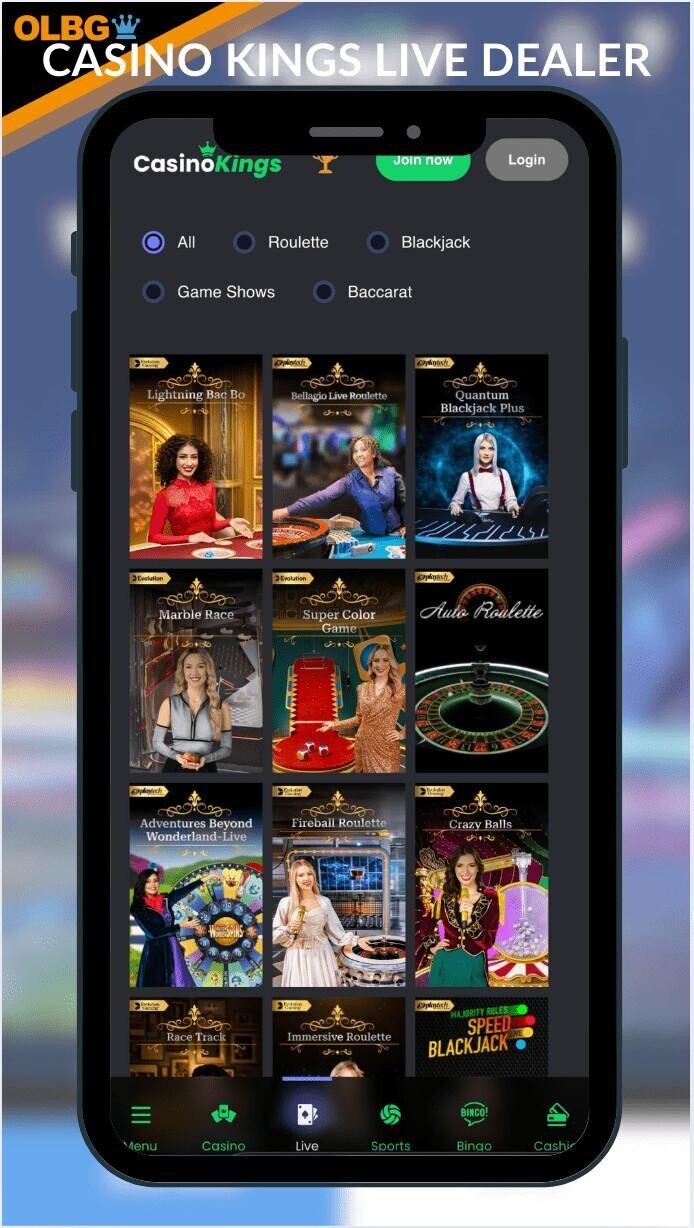 A screenshot of the main live dealer lobby at Casino Kings Casino