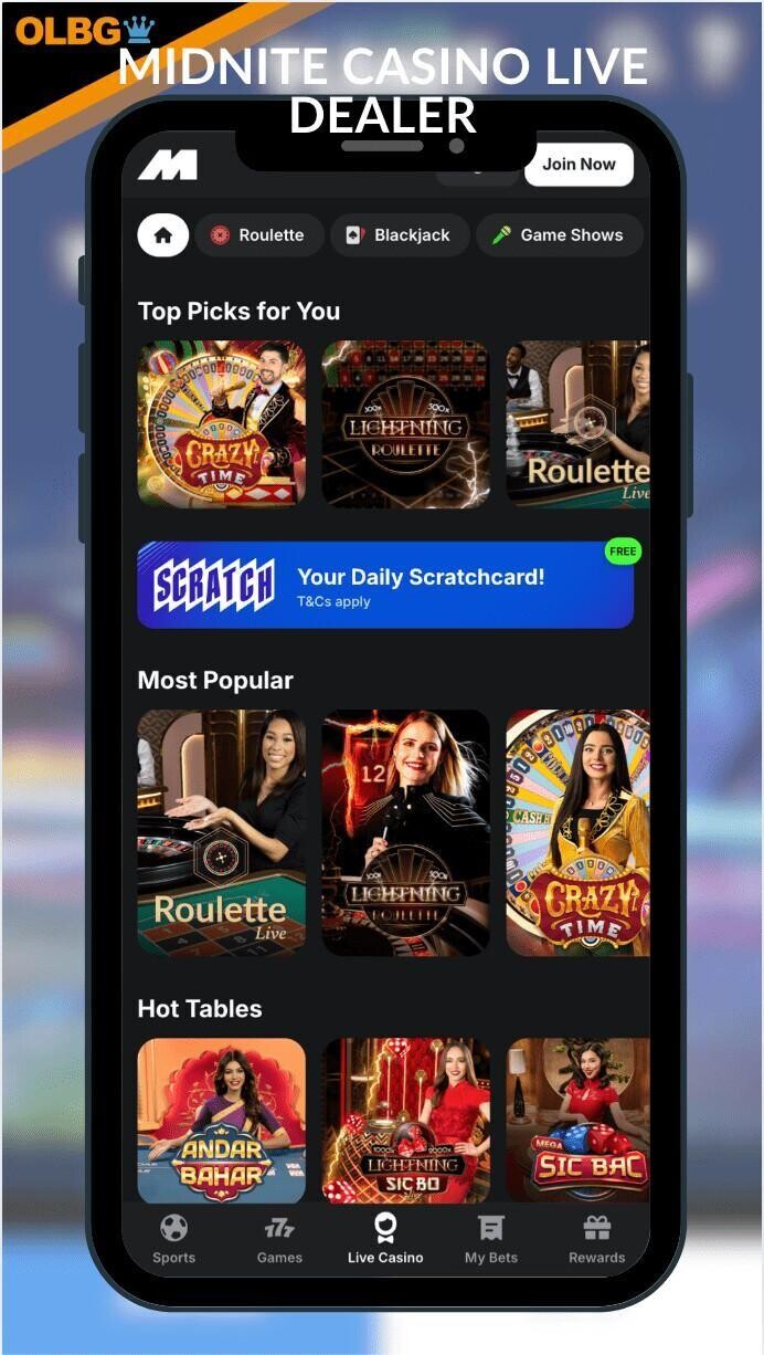 A mobile screenshot of the live dealer section at Midnite Casino