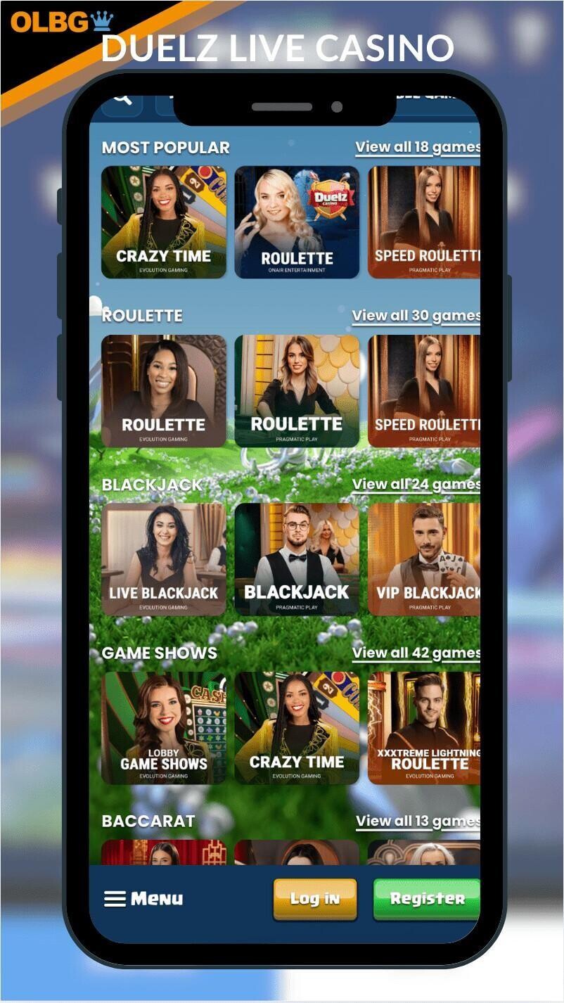 A mobile screenshot of the live casino section at Duelz Casino