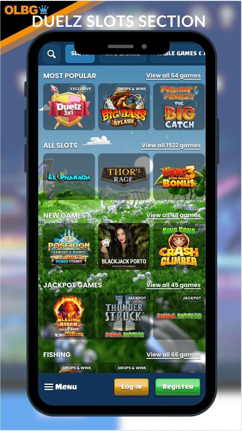 A mobile screenshot of the slots section at Duelz Casino