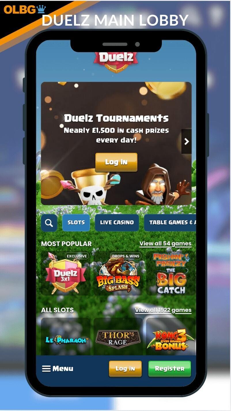 A mobile screenshot of the main lobby section at Duelz Casino