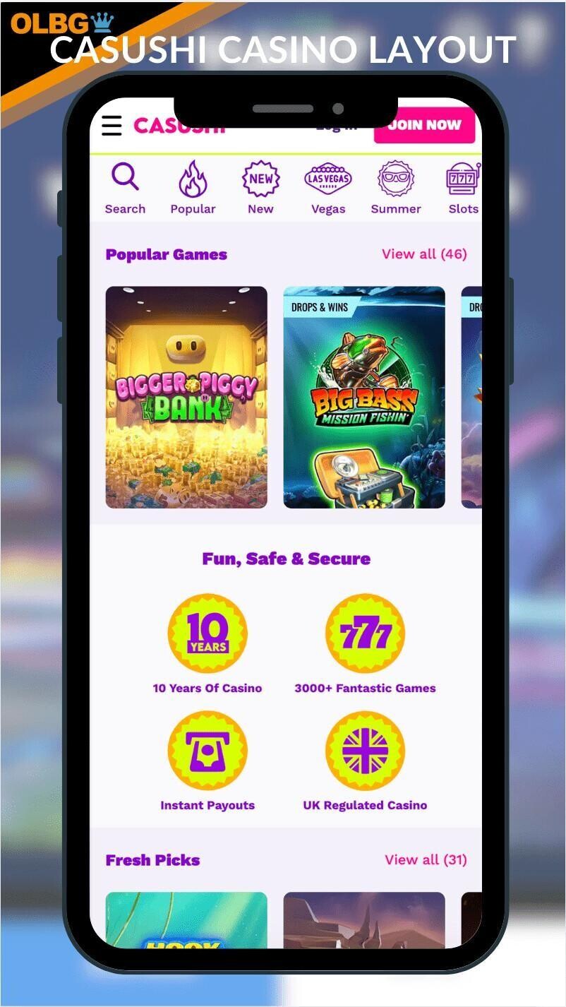 A mobile screenshot of the general layout at Casushi Casino
