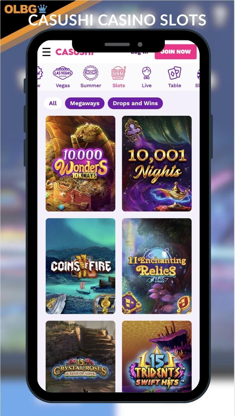 A mobile screenshot of the slots section at Casushi Casino