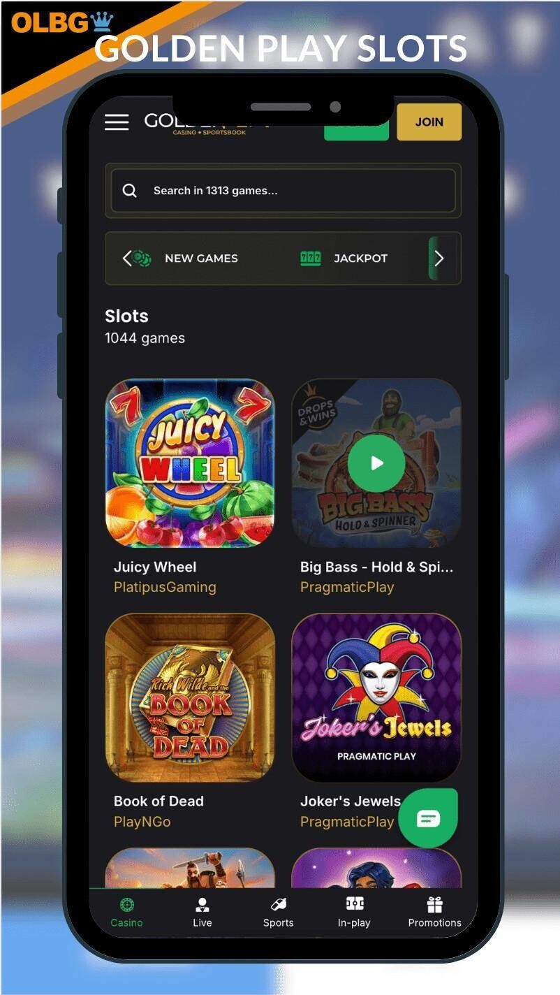 A mobile screenshot of the slots section at Golden Play Casino