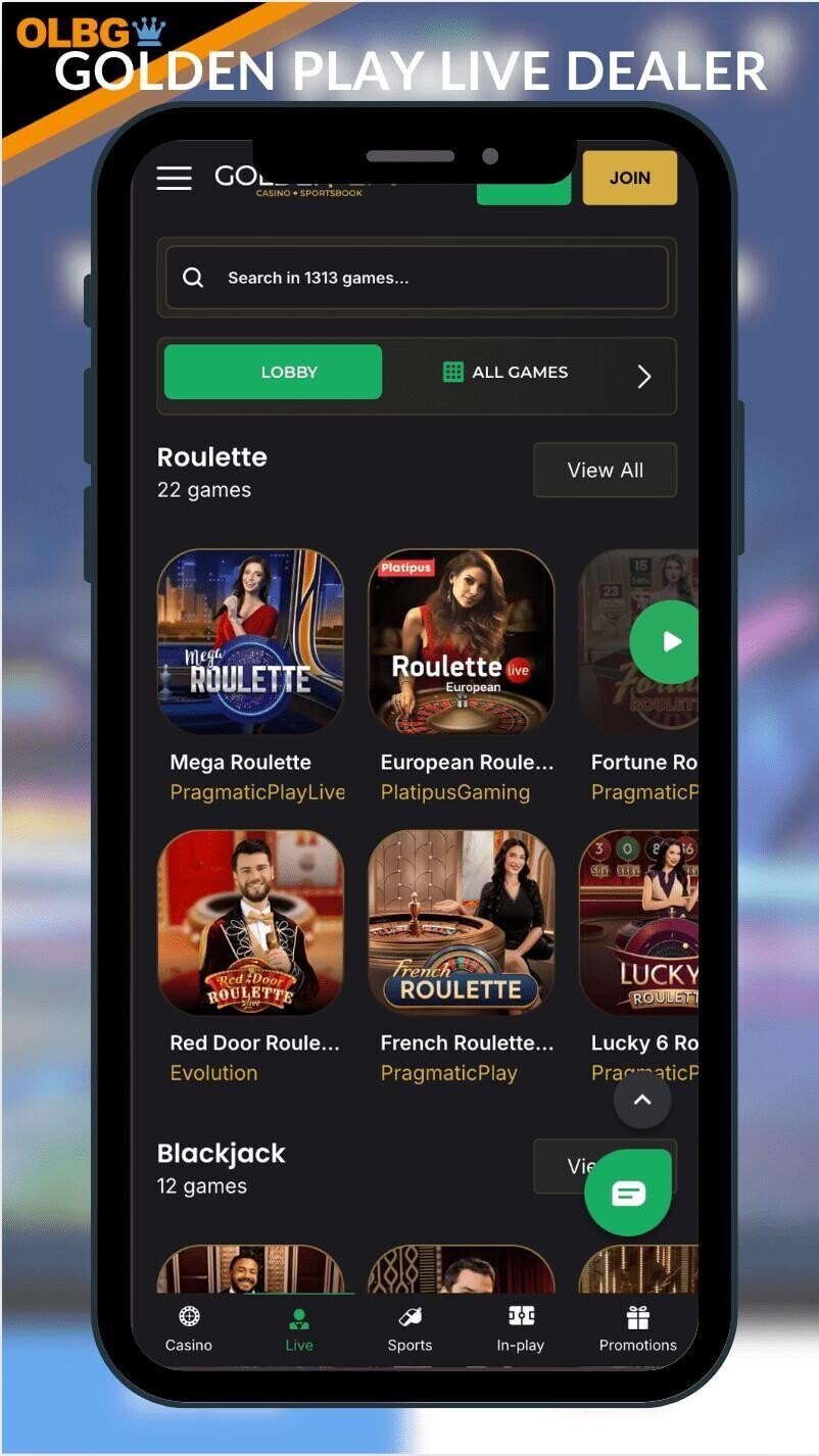 A mobile screenshot of the live dealer section at Golden Play Casino