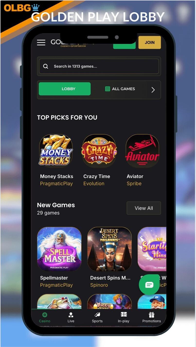 A mobile screenshot of the main lobby at Golden Play Casino