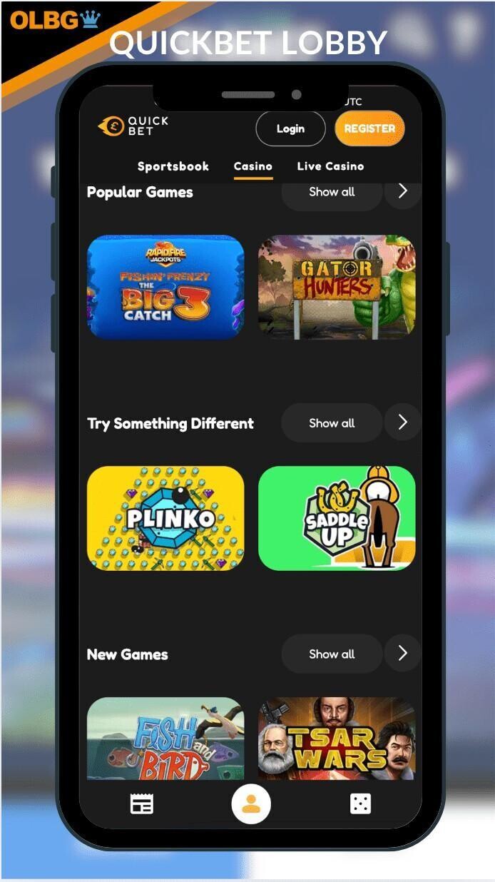 A mobile screenshot of the main lobby at Quickbet Casino