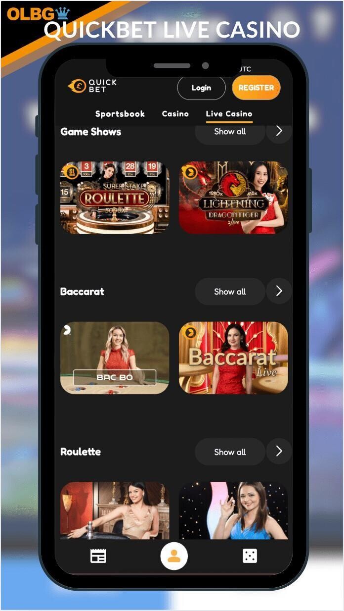 A mobile screenshot of the live casino section at Quickbet Casino