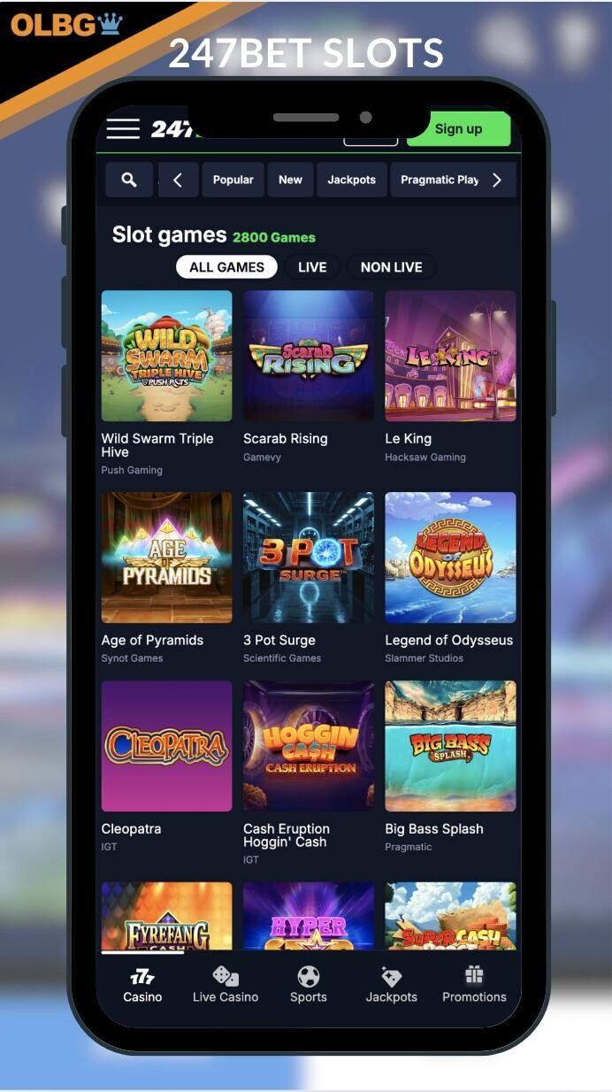 A mobile screenshot of the slots section at 247bet Casino