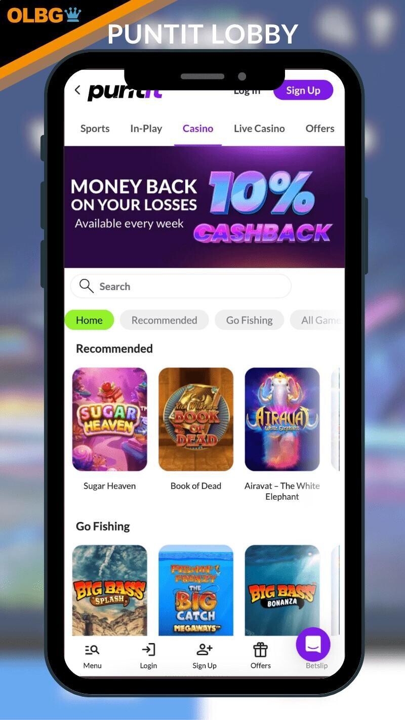 A mobile screenshot of the main lobby at Puntit Casino