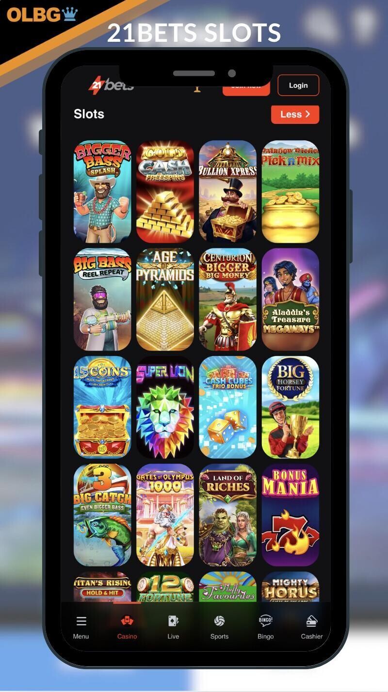 A mobile screenshot of the slots lobby at 21Bets Casino