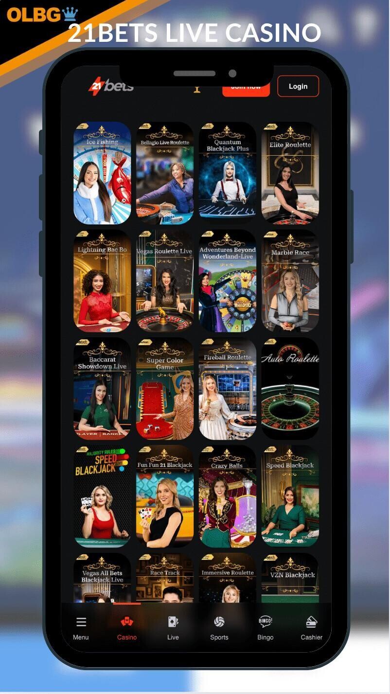 A mobile screenshot of the live dealer lobby at 21Bets Casino