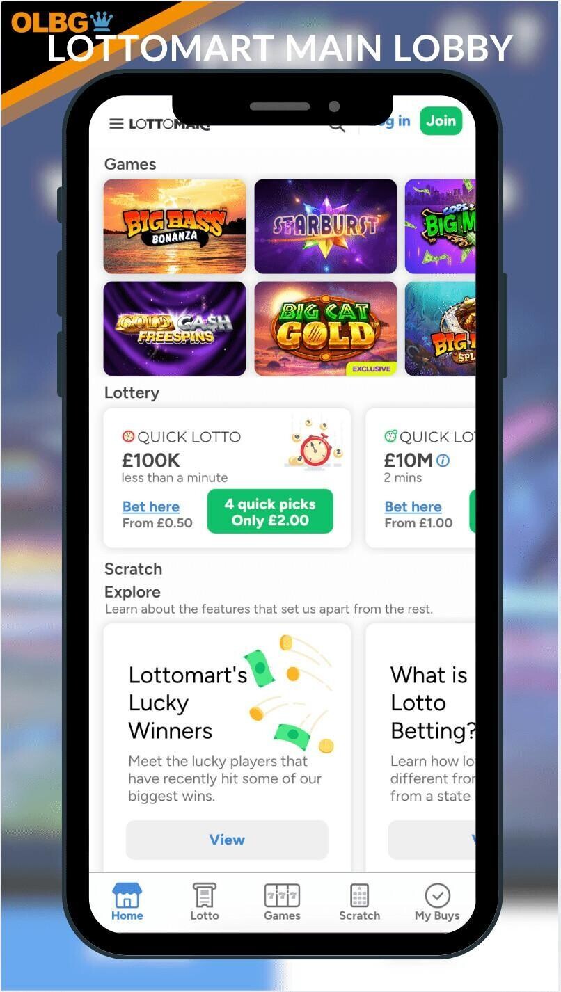 A mobile screenshot of the main lobby at Lottomart Casino