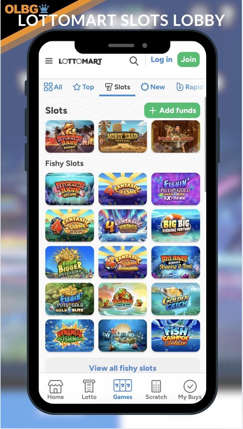 A mobile screenshot of the slots lobby at Lottomart Casino