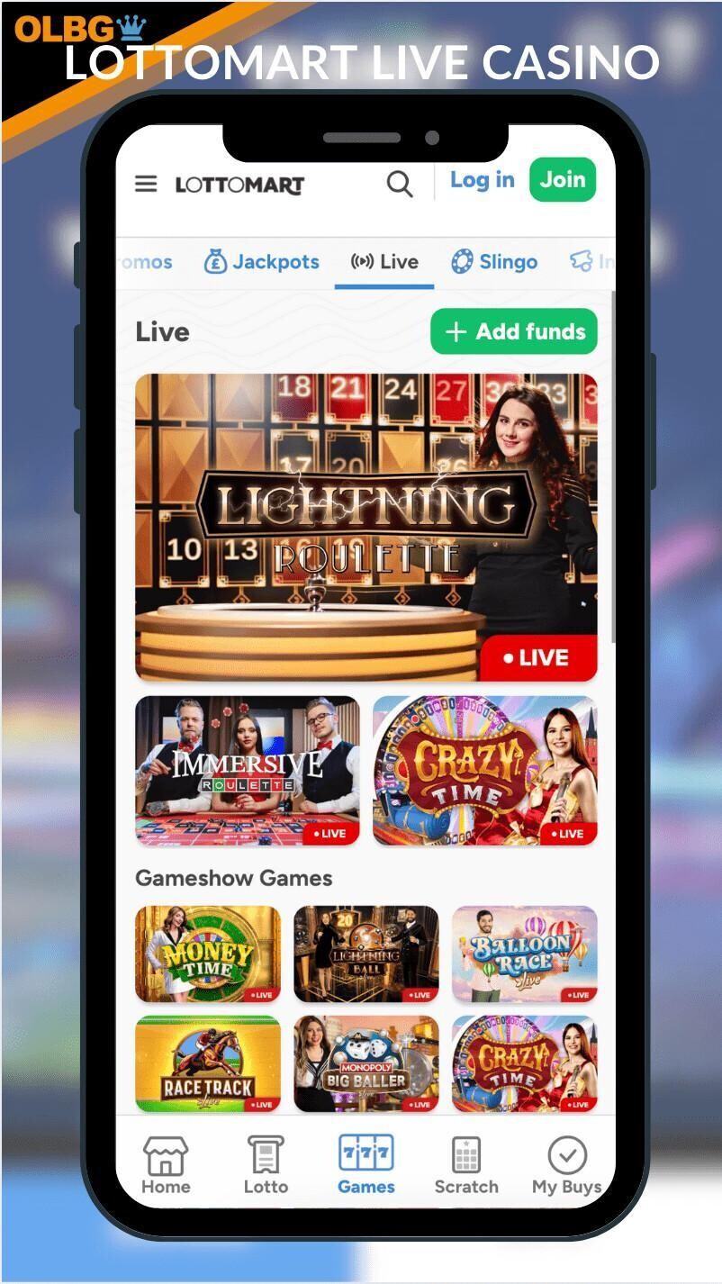 A mobile screenshot of the live dealer lobby at Lottomart Casino