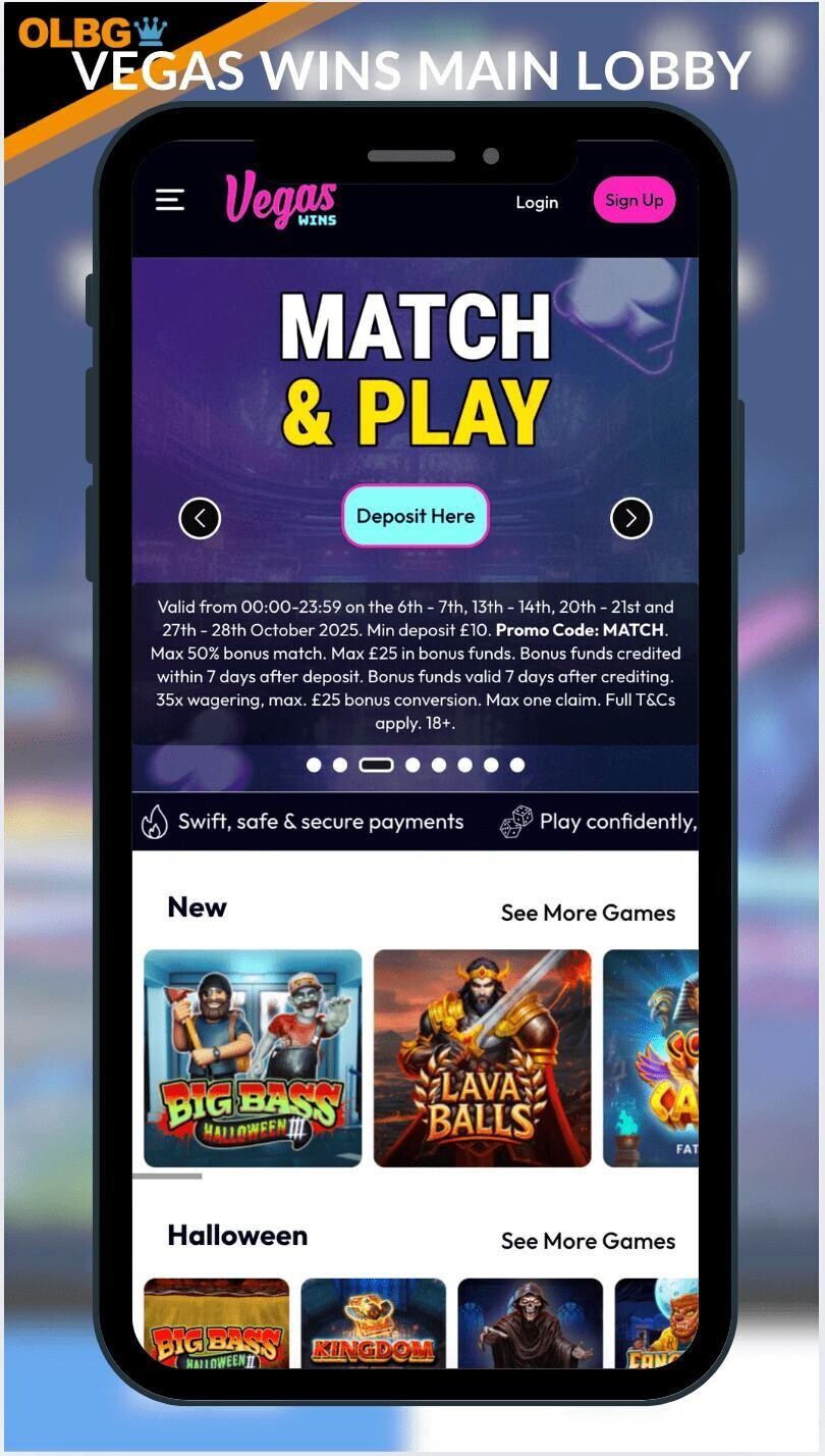 A mobile screenshot of the main menu at Vegas Wins Casino