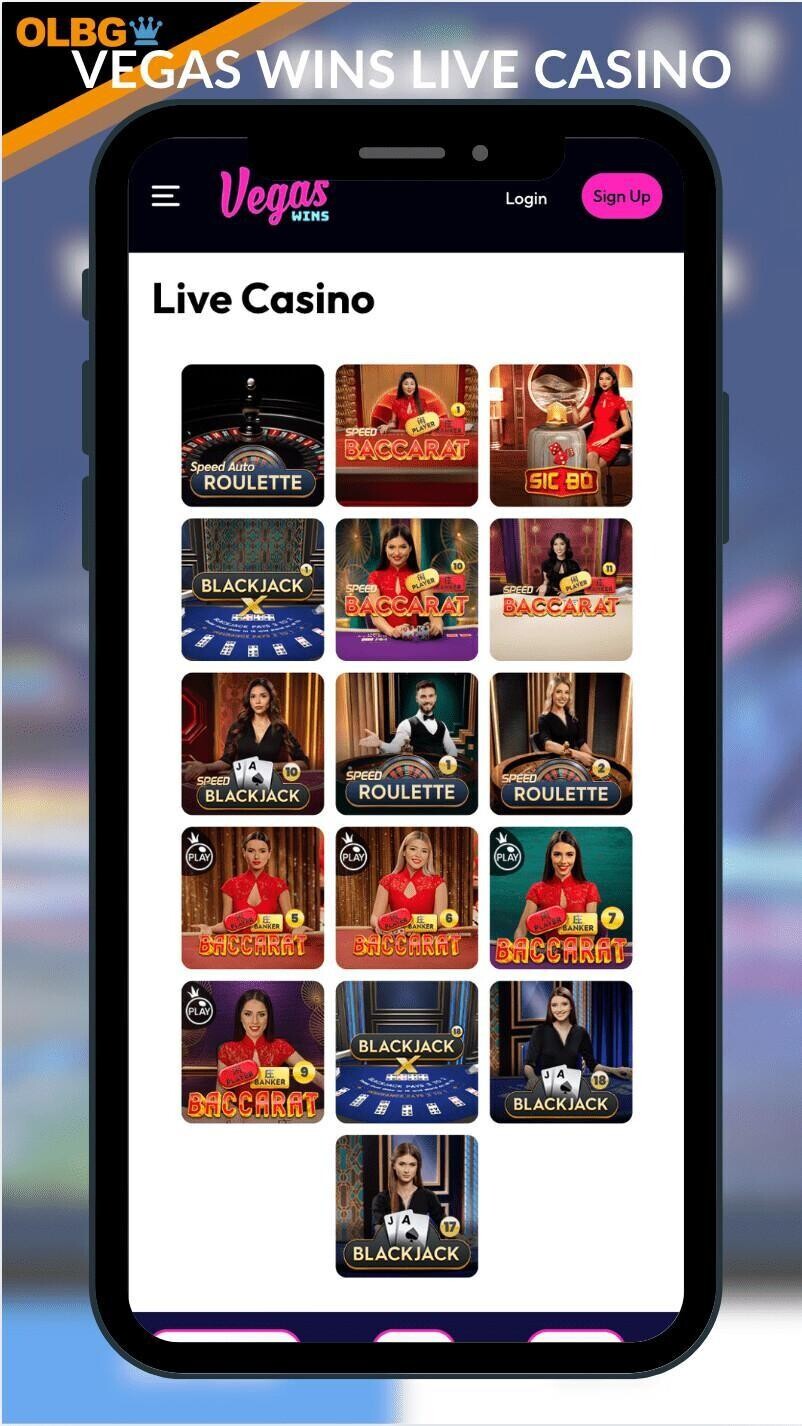 A mobile screenshot of the live casino menu at Vegas Wins Casino
