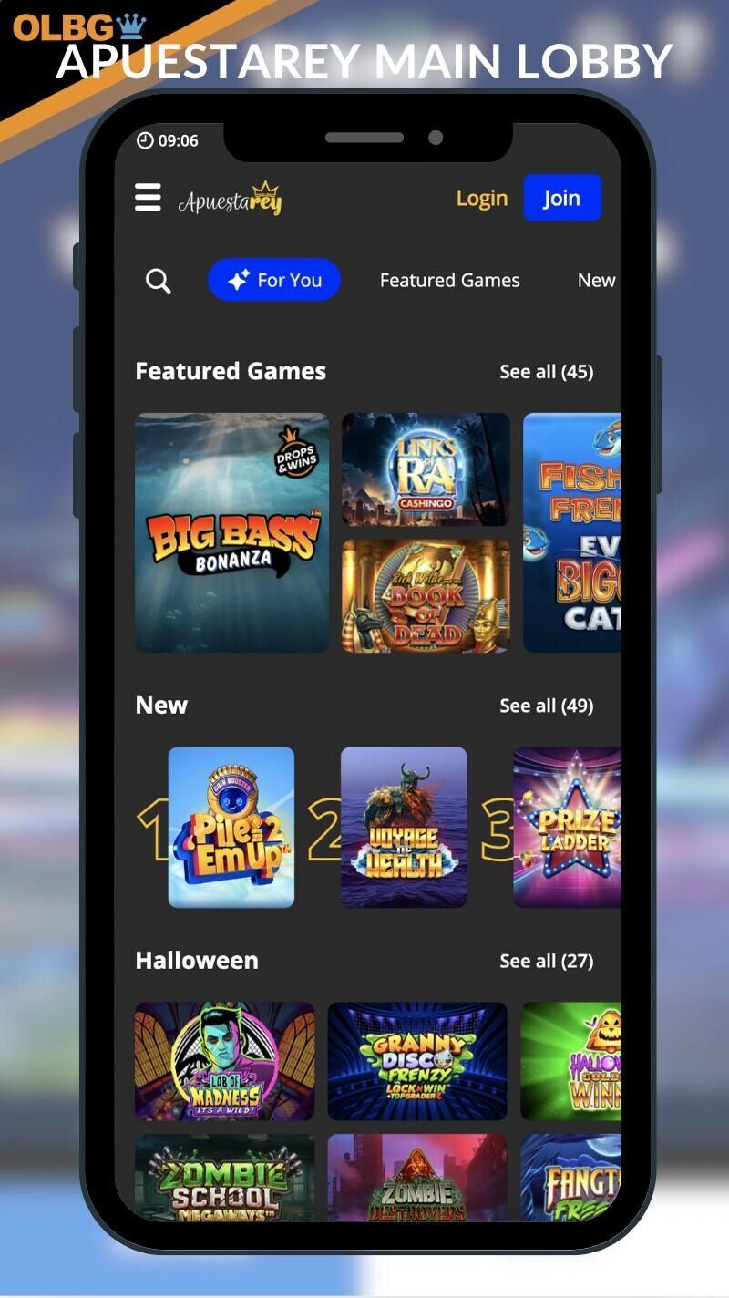 A mobile screenshot of the main lobby at Apuestarey Casino