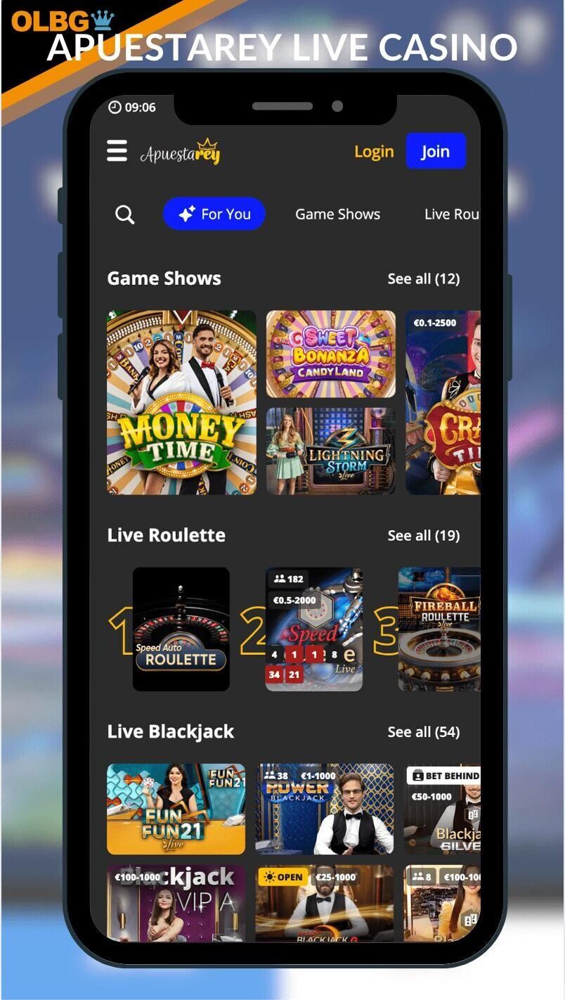 A mobile screenshot of the live dealer section at Apuestarey Casino