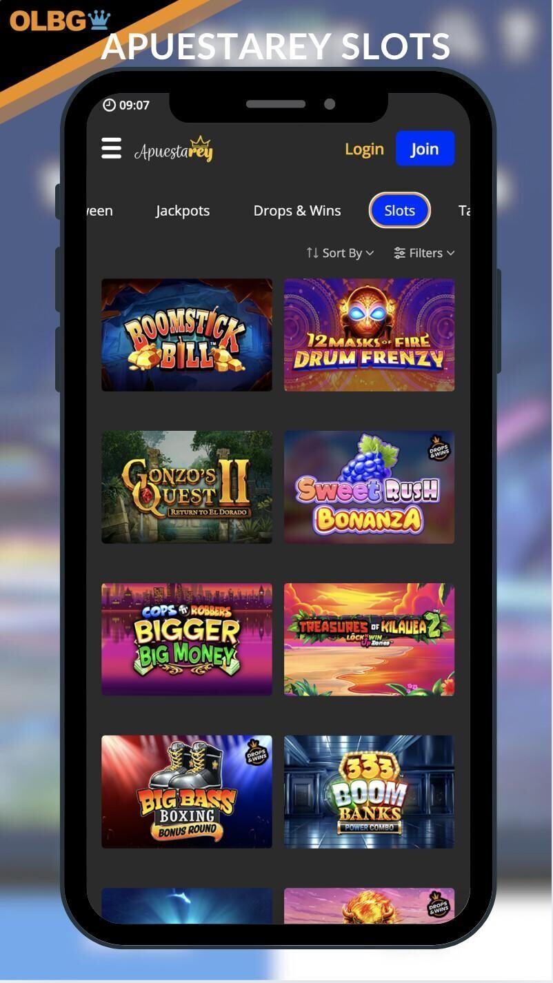 A mobile screenshot of the slots section at Apuestarey Casino