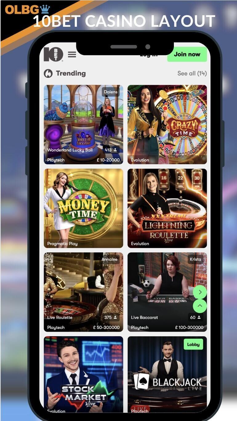 A mobile screenshot of the 10Bet Casino layout