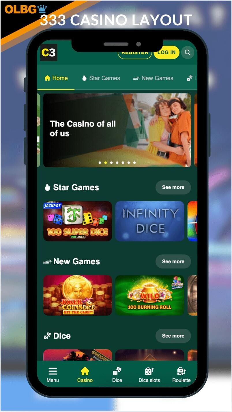 A mobile screenshot of the Casino333 layout