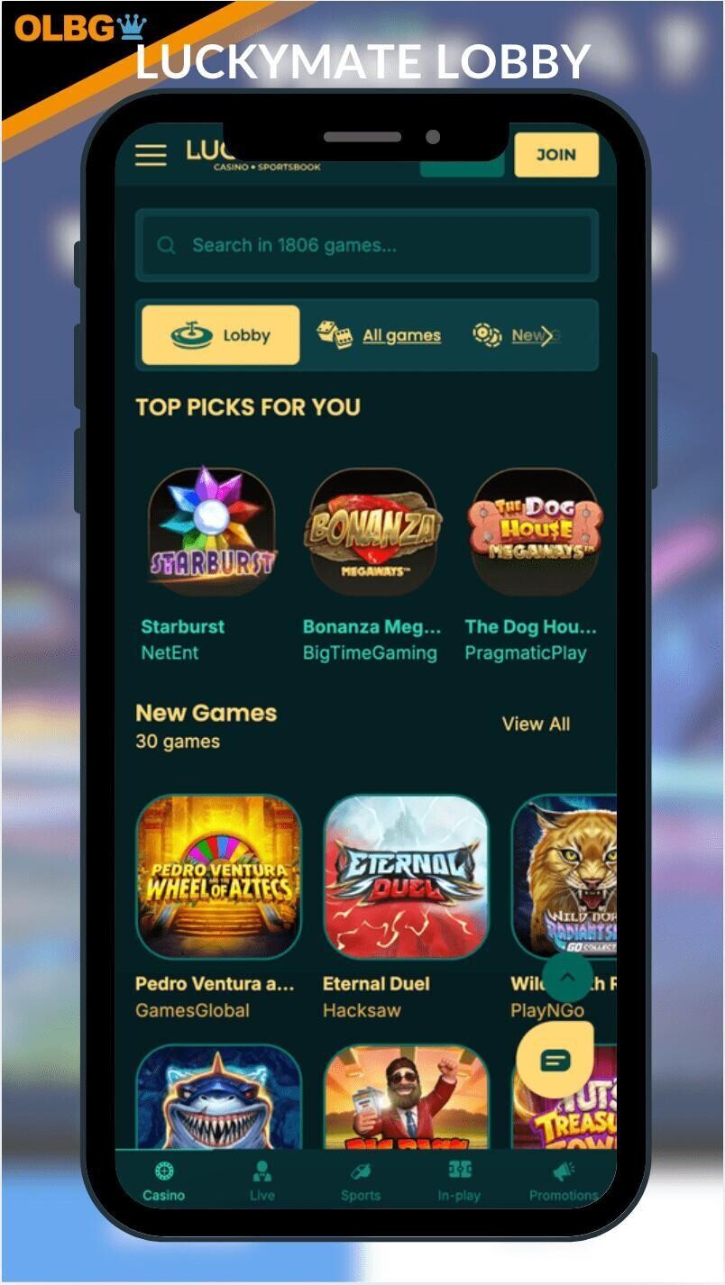 A mobile screenshot of the Lucky Mate Casino lobby