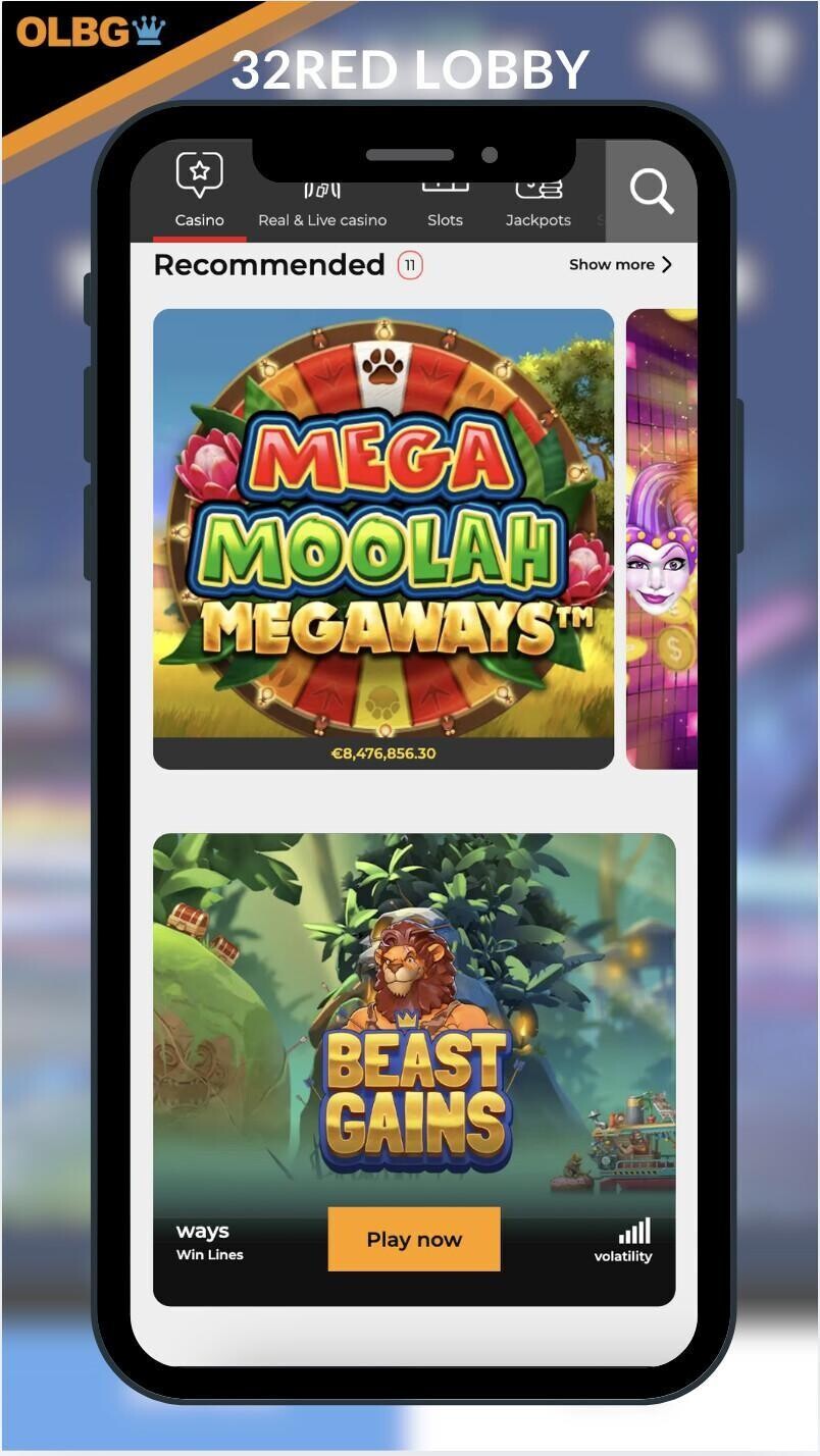 A mobile screenshot of the main menu at 32Red Casino