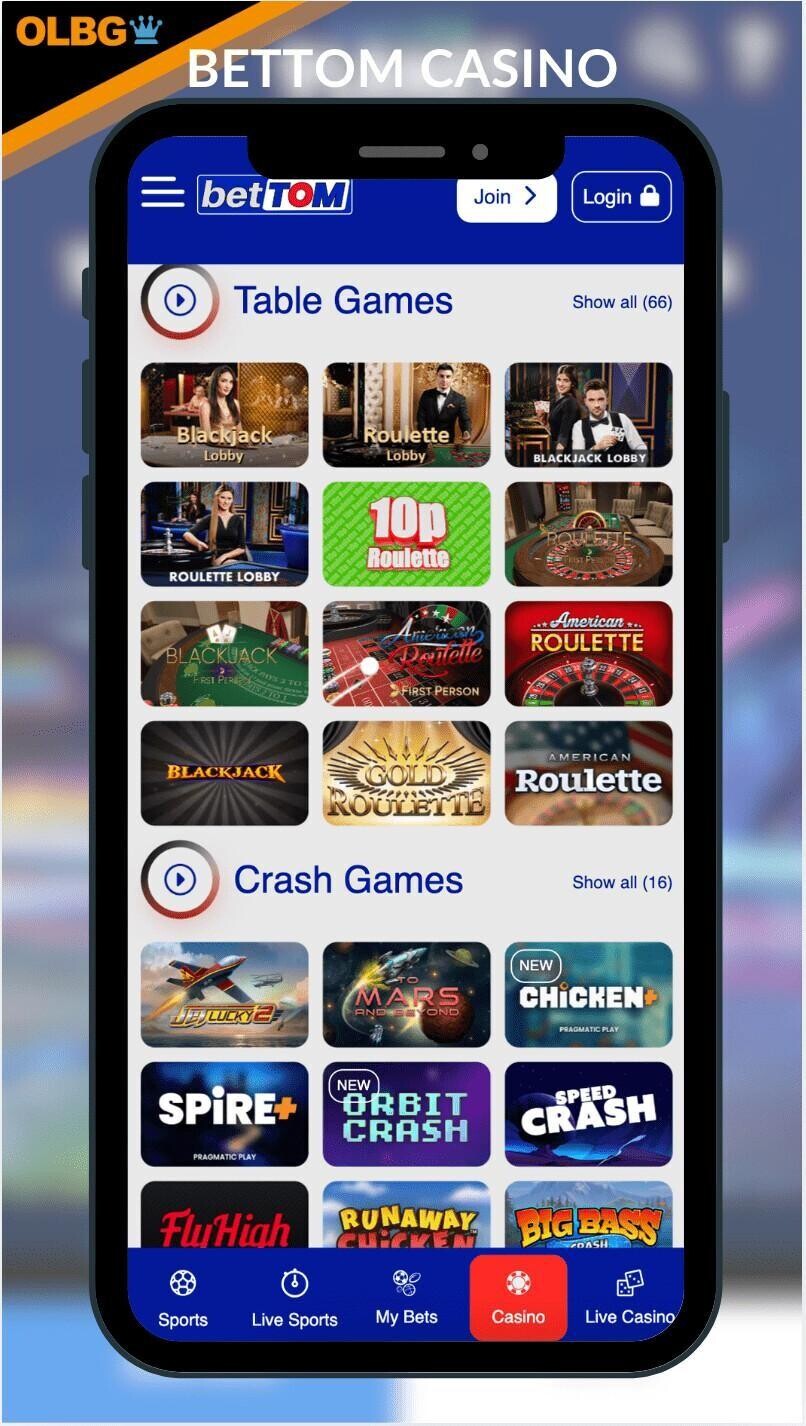 A mobile screenshot of the general layout at betTOM Casino