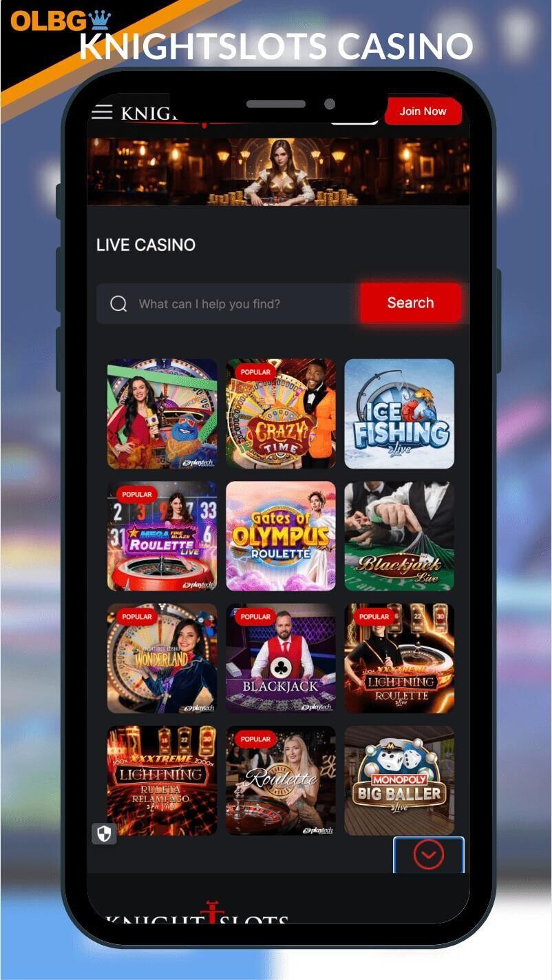 A mobile screenshot of Knightslots Casino's live lobby
