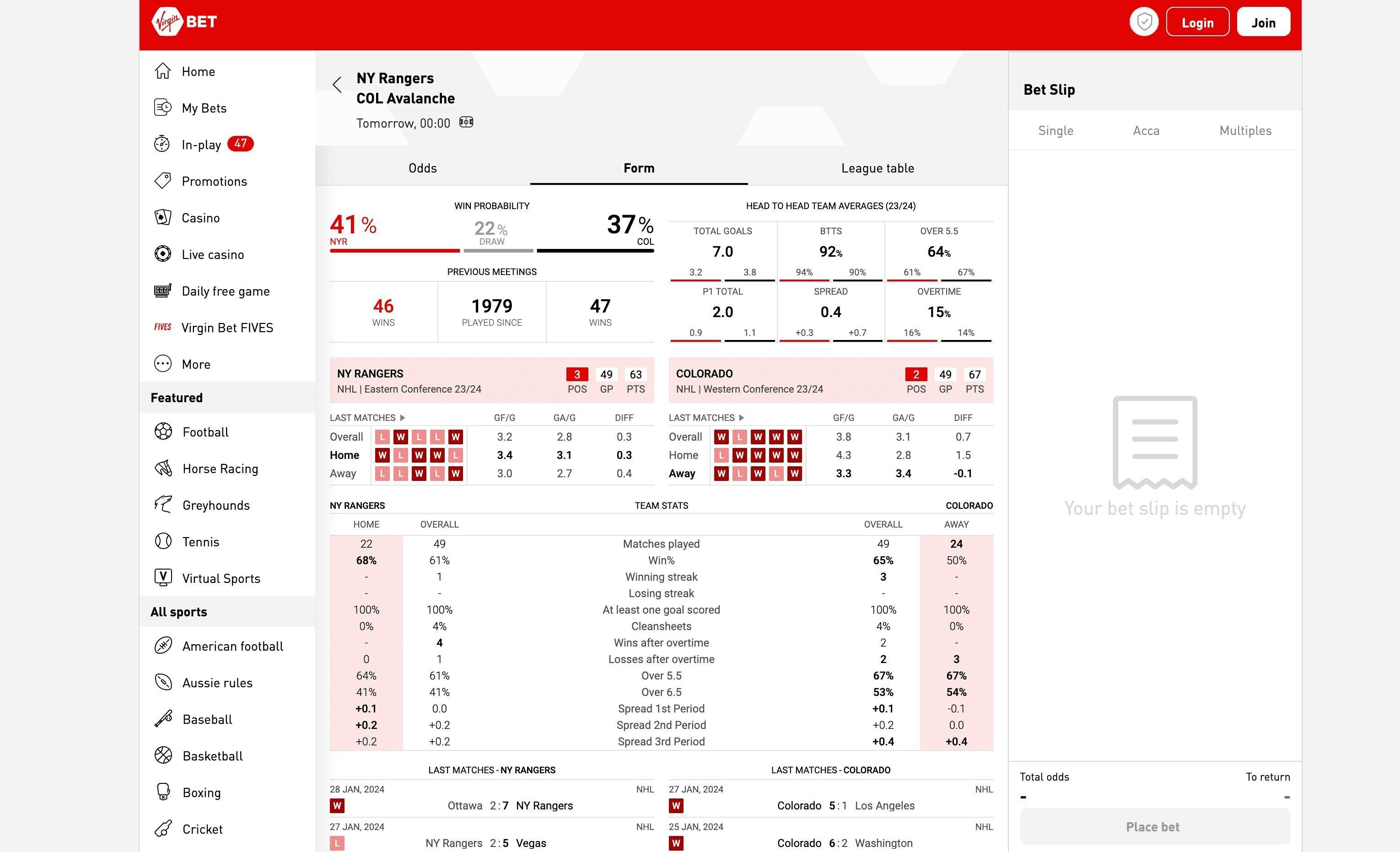Screenshot of the ice hockey page of Virgin Bet sportsbook.