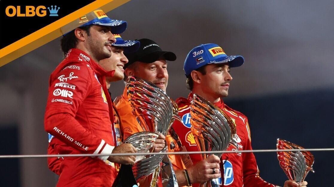 Abu Dhabi, Abu Dhabi. 08th Dec, 2024. The podium (L to R): Carlos Sainz Jr (ESP) Ferrari, second; Lando Norris (GBR) McLaren, race winner; Zak Brown (USA) McLaren Executive Director; Charles Leclerc (MON) Ferrari, third. 08.12.2024. Formula 1 World Championship, Rd 24, Abu Dhabi Grand Prix, Yas Marina Circuit, Abu Dhabi, Race Day