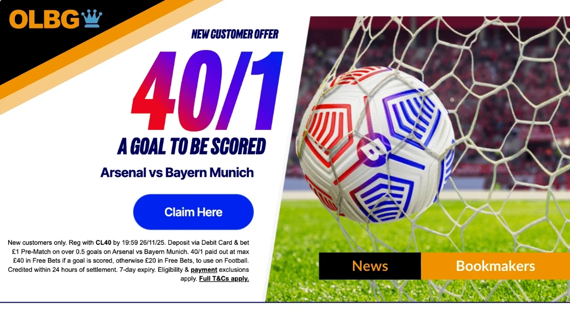 Get 40/1 On A Goal To Be Scored in Arsenal v Bayern Munich when you join Betfred! Get 40/1 On A Goal To Be Scored in Arsenal v Bayern Munich when you join Betfred!