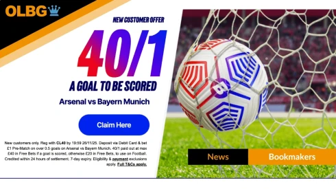 Get 40/1 On A Goal To Be Scored in Arsenal v Bayern Munich when you join Betfred!
