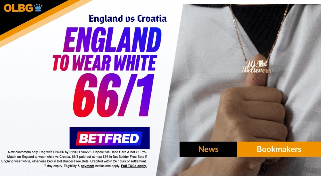 Betfred Launch 66/1 World Cup Sign-Up Offer: Get 66/1 on England to wear white vs Croatia Betfred Launch 66/1 World Cup Sign-Up Offer: Get 66/1 on England to wear white vs Croatia