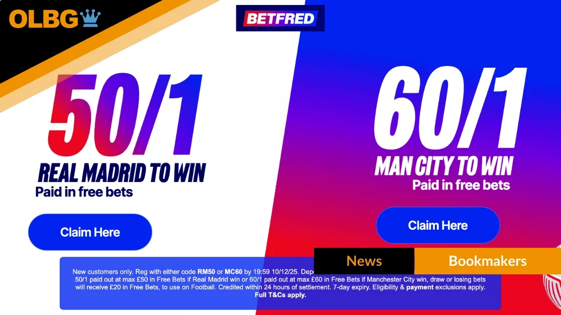 50/1 Real Madrid or 60/1 Man City in Betfred’s Champions League Mega Offer 50/1 Real Madrid or 60/1 Man City in Betfred’s Champions League Mega Offer