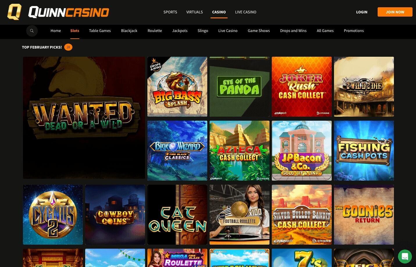 QuinnBet Casino slots games page