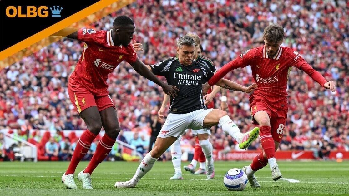 Leandro Trossard of Arsenal battles for the ball with Ibrahima Konate of Liverpool and Conor Bradley of Liverpool during the Liverpool vs Arsenal Premier League match at Anfield, Liverpool.  2025