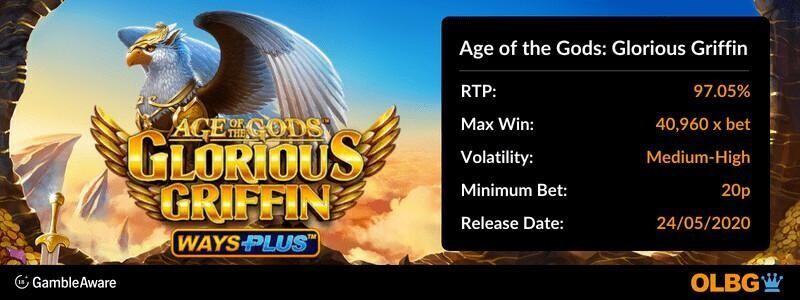 Age of the Gods: Glorious Griffin slot information banner: RTP, max win, volatility, minimum bet and release date