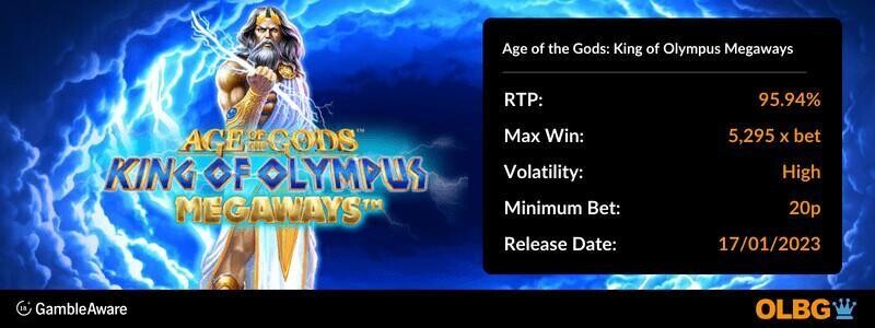 Age of the Gods: King of Olympus Megaways slot information banner: RTP, max win, volatility, minimum bet and release date