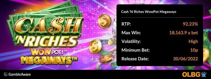 Cash 'N Riches WowPot Megaways slot information banner: RTP, max win, volatility, minimum bet and release date